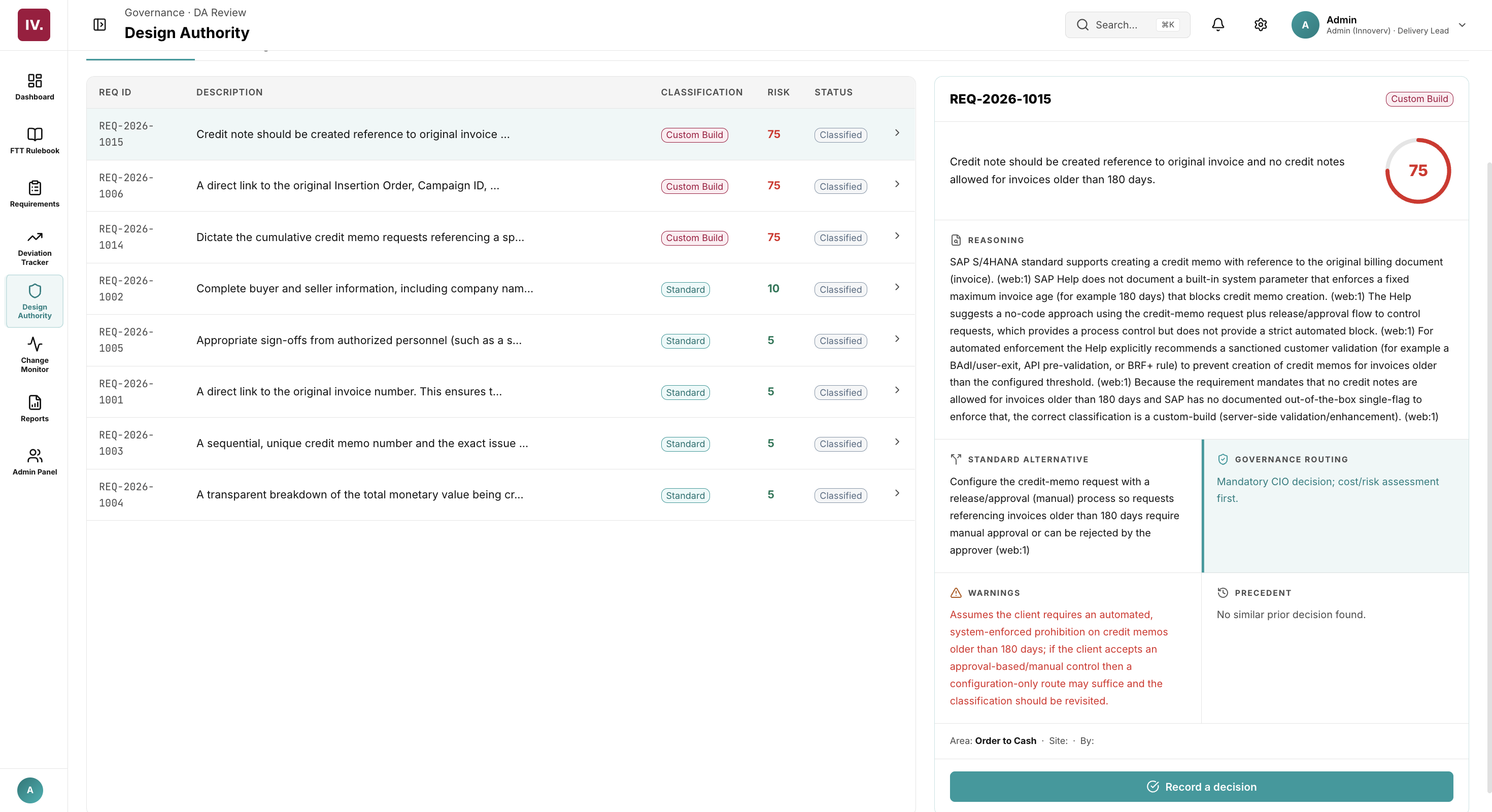 Fit Monitor Design Authority review: requirement list with classification and risk, and the selected case's reasoning, standard alternative, governance routing and warnings