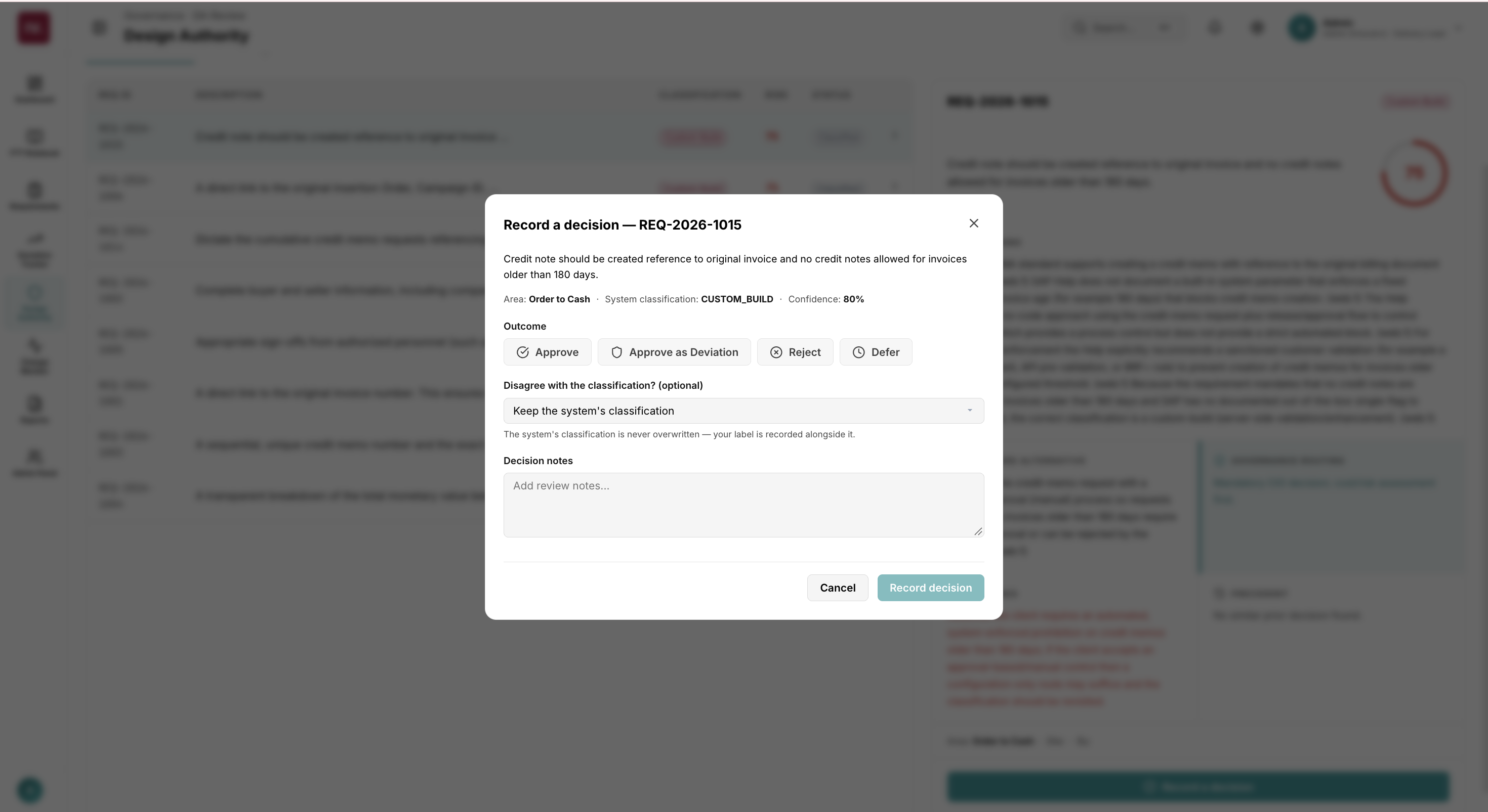 Record a decision dialog: approve, approve as deviation, reject or defer, with decision notes